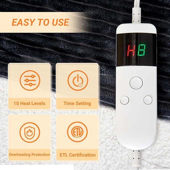 Heated Blanket Electric King, Soft Flannel Heating Blanket with 8 Hours Auto Off 10 Fast Heating Levels Machine Washable Sherpa Heated Blanket with Overheating Protection