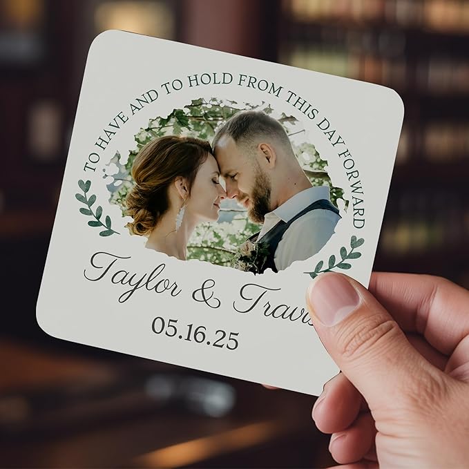 100 Pack Personalized Wedding Coasters, Custom Cardboard Coasters for Drinks with Photo Print and Text, Keepsake Wedding Favors and Gifts for Couples, 4x4 Square, Design 4