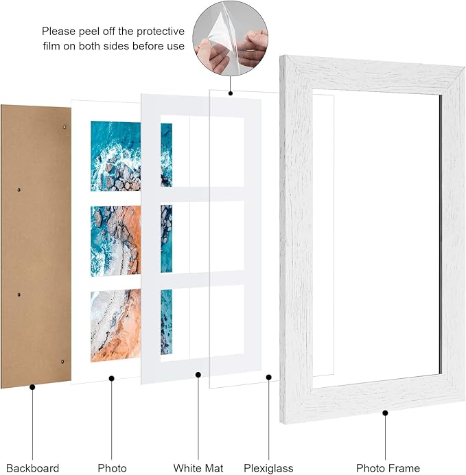 8x14 Picture Frame Display 3 opening 4X6 Picture Frame Collage,Multi Photo Frame with Mat,Plexiglass,Wall Hanging Decor,Distressed White Wood Grain