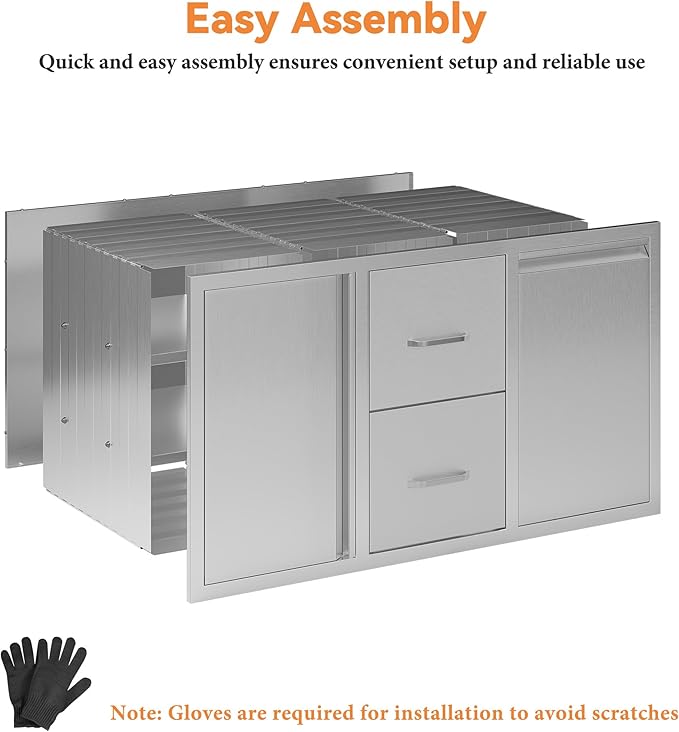 Jocisland 41.5" W20 D23 H Stainless Steel Outdoor Kitchen Drawers, Double Drawers with Trash Drawer & Door, 3-Tier Cabinet, Built-in BBQ Island Storage for Outdoor Kitchens