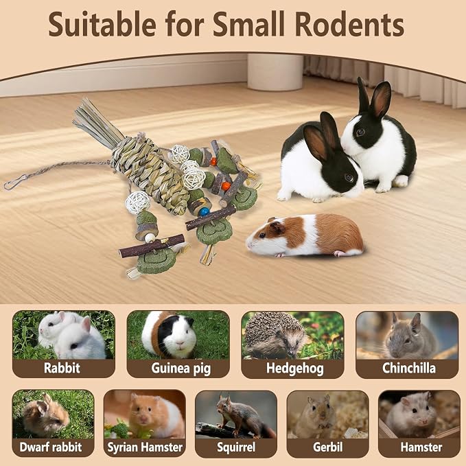 Rabbit Chew Toy, Bunny Cage Hanging Chew Toy & Treats,Natural Material Handwoven Chinchilla Treats Toys for Guinea Pigs Hamsters Rats and Other Small Pets Teeth Grinding