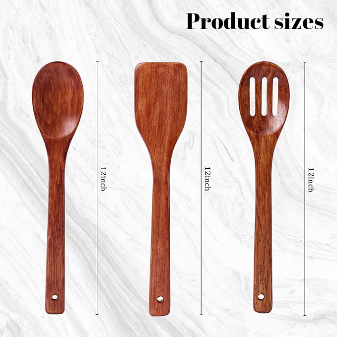 HANSGO Wooden Spoons for Cooking, 3PCS Wooden Kitchen Utensil Set, Wood Spatula Set for Stirring Frying Mixing Sauteing, Best Housewarming Gifts, 12inch