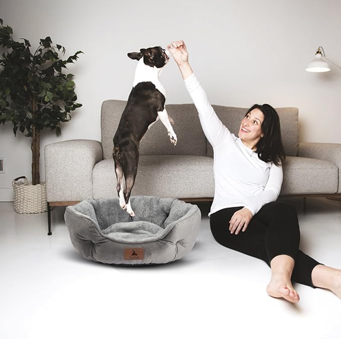 Asvin Medium Dog Bed for Medium Dogs, Cat Beds for Indoor Cats, Pet Bed for Puppy and Kitty, Extra Soft & Machine Washable with Anti-Slip & Water-Resistant Oxford Bottom, Grey, 25 inches