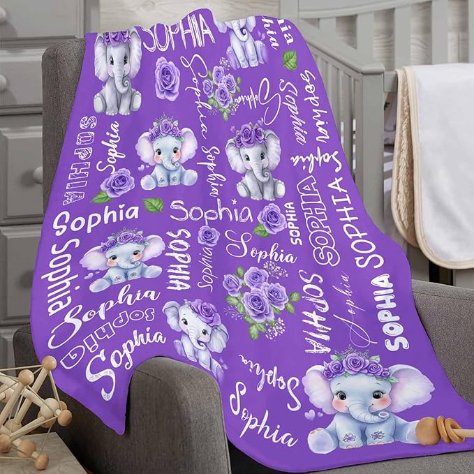 D-Story Ship Next Day, Personalized Baby Blanket, Custom Baby Blanket with Name for Girls and Boys, Elephant Blankets, Personalized Baby Gifts