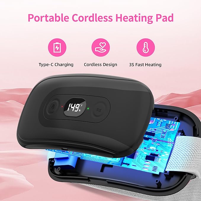Portable Heating Pad Period Cramps: 2 Timer 6 Heat Levels 6 Vibration Modes Cordless Electric Heating Pad 3s Fast Heating Menstrual Heating Pad (Black)