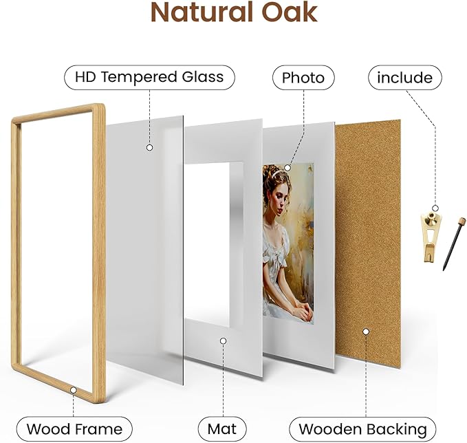 11x17 Picture Frame Natural Oak Wood From California-USA with Real Tempered Glass, Handcrafted 11 x 17 Diploma Frame Matted to 8x12 Photo,Certificate,Degree,Graduation Picture Display on Wall