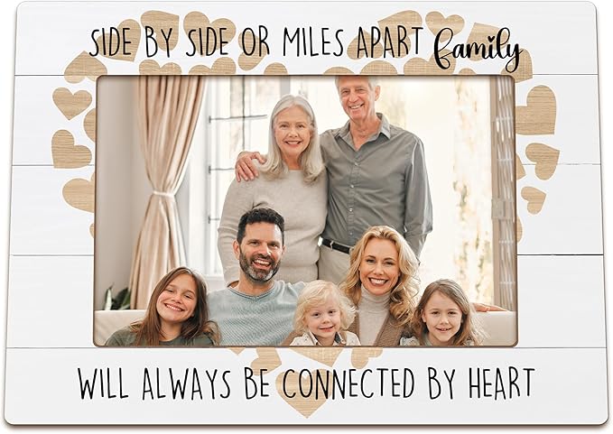 Family Heart Picture Frames, Gifts for Family Mom Dad Grandma Grandpa, Housewarming Gifts, Long Distance Wooden Photo Frames, Side by Side or Miles Apart Picture Photo Frame for Desk Table 4X6 Photos