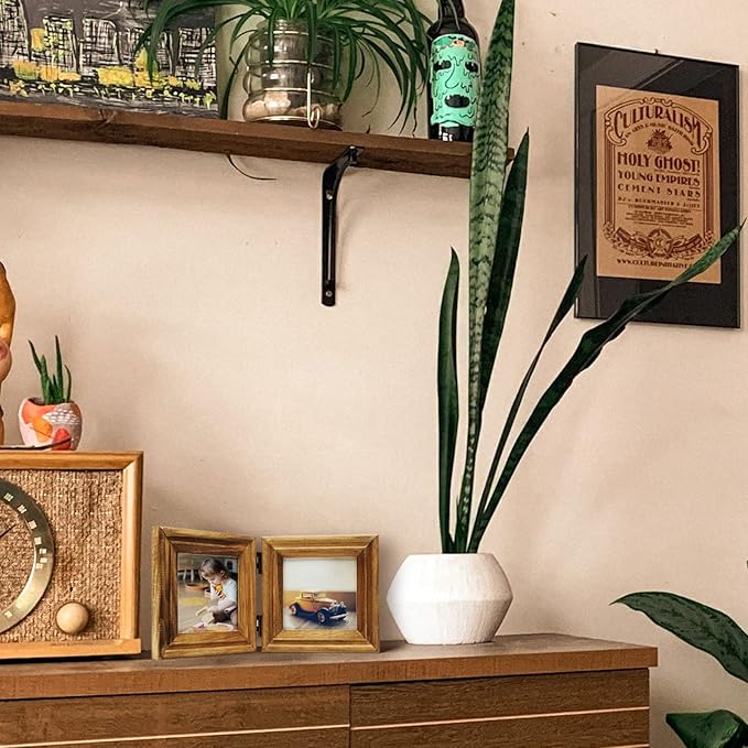Horizontal 5X7 Picture Frames Double Hinged Wood Folding Photo Frames with Real Glass Front Fit for Desktop or Tabletop Display Pictures 4x6 with Mat or 5x7 Without Mat, Wood Grain XZON-H75X2
