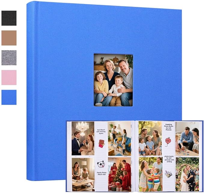 Photo Album 4x6 600 Photos with Writing Space Linen Cover with Front Window Picture Album, 600 Photos 4x6 Photo Album Book for Wedding Kids Travel Family Baby Pictures (Blue)
