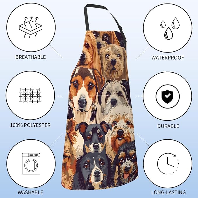 Cute Dog Face Apron for Women,28x33in,Fun Puppy Kitchen Aprons with 2 Pockets,Oxford Fabric,Playful Adjustable Apron for Cooking Baking Gardening Chef,Gifts for Mom Wife