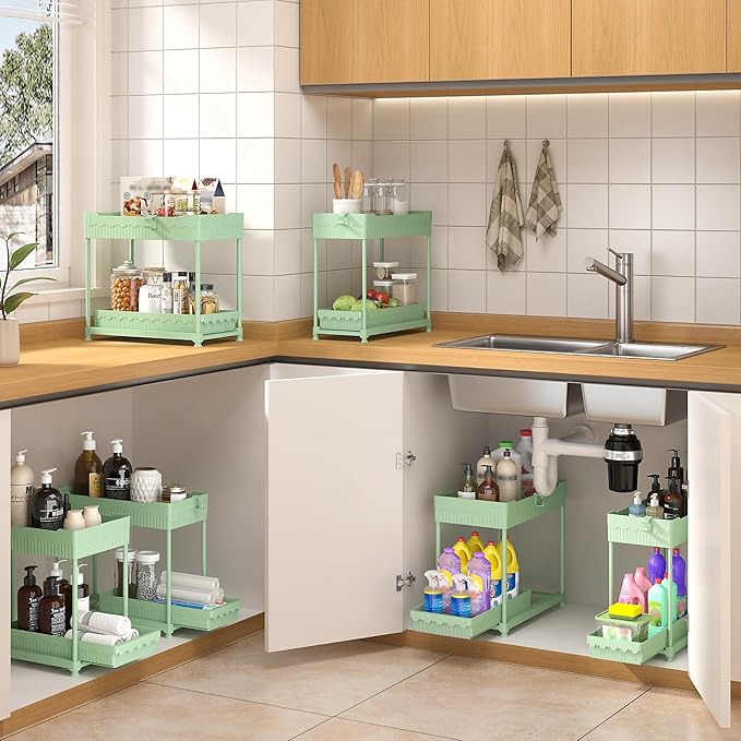 3 Pack Under Sink Organizers, 2-Tier Multi-Use Kitchen and Bathroom Organizers and Storage with Sliding Drawers, Bathroom Cabinet Organizer (Green, 14.8 Inch)