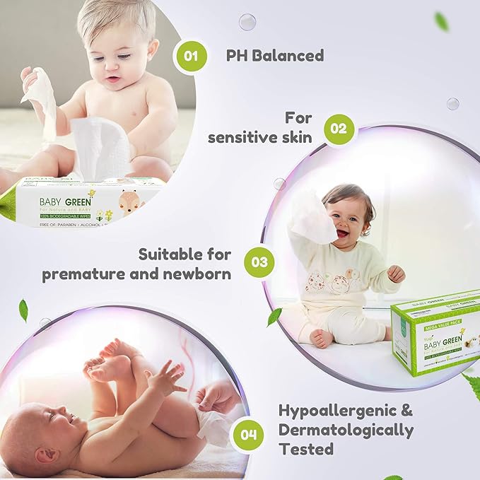 Yugi Green Baby Wipes – Unscented, Compostable, Biodegradable, Plant-Based, Fragrance-Free, for Sensitive Skin & Babies – 6 Packs of 72 (432 Count)