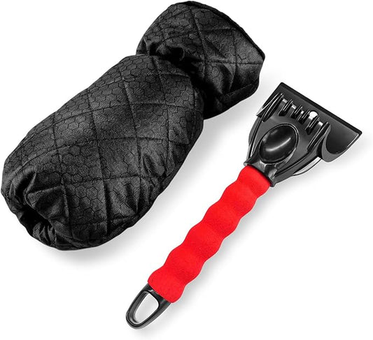 Car Ice Scraper, Auto Windshield Ice Shovel with Warm Thermal Waterproof Glove, Scratch-Free Car Window Snow Scraper Mitt Windproof Winter Cleaning Tool for Most Vehicles (Red)