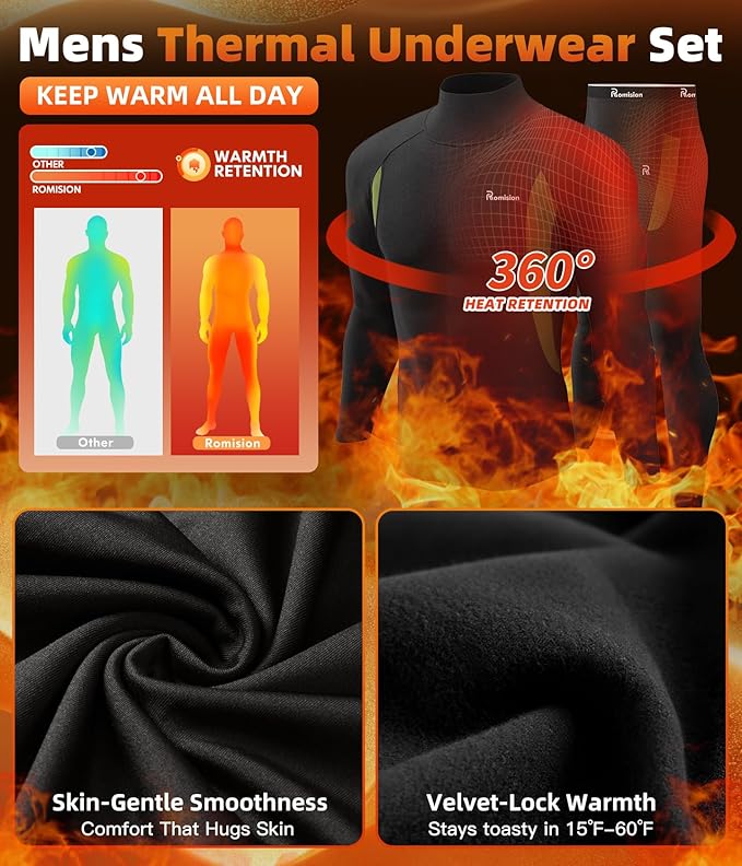 romision 2 Pack Thermal Underwear for Men Long Johns Fleece Lined Hunting Gear Bottom Top Set Base Layer Cold Weather XS-4XL