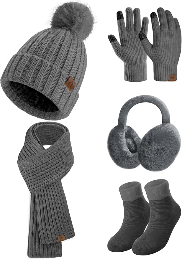 UMIPUBO Winter Beanie Hats Scarf Touch Screen Gloves Fuzzy Socks Ear Muffs 5pcs Set for Women Winter Ski Outing Set