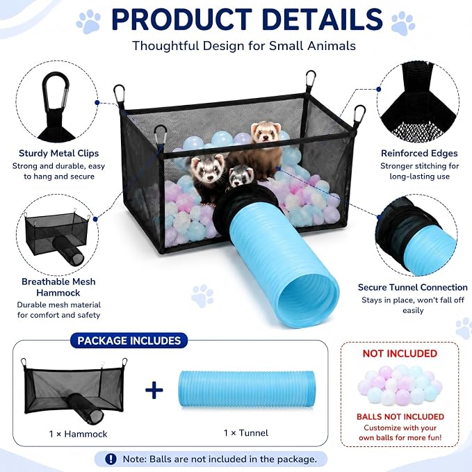 Mifoci Ferret Ball Hammock with Tunnel, Hanging Mesh Play Cube for Cage, Washable Small Animal Bed for Ferrets, Rats, Chinchillas & Guinea Pigs, 4 Clips, Black, (Balls Not Included)