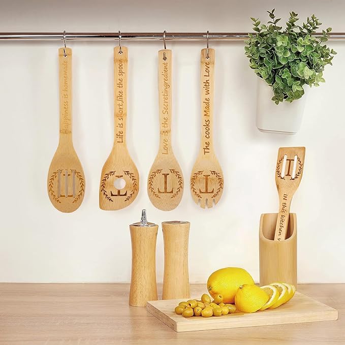 5PCS Initial Wooden Cooking Spoons Initial Letter Kitchen Decor Gifts Personalized Monogrammed Birthday Gifts for Women Mom Friend Housewarming Wedding Bamboo Cooking Spoons