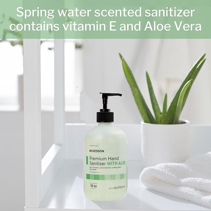 McKesson Hand Sanitizer with Aloe, 18 oz Pump Bottle [Pack of 12] Bulk, 70% Ethyl Alcohol, Spring Water Scent, No-Rinse Gel with Vitamin E and Moisturizers, Medical-Grade Sanitizer