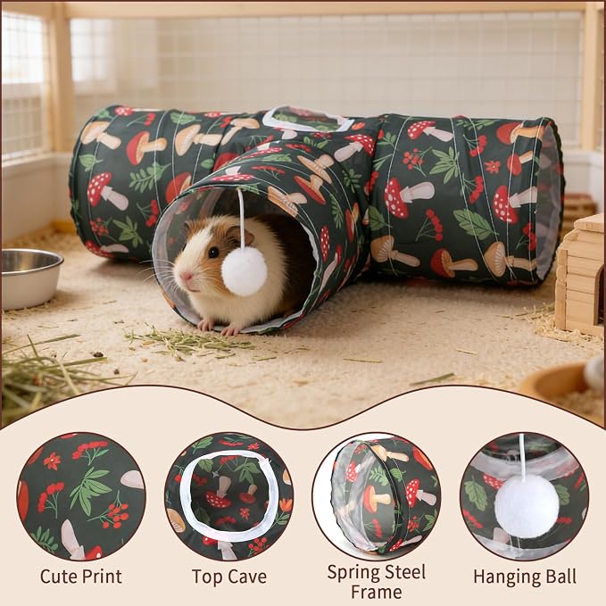 Rypet Guinea Pig Tunnel Hideout 3-Way Collapsible Small Pet Tubes, Mashroom | 3 Way Design for Exploration, Collapsible for Easy Storage, Built-in Play Ball, Hiding & Resting for Hamsters Ferrets