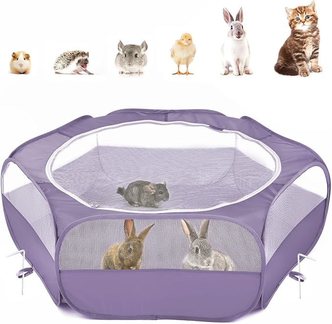 Pawaboo Small Animal Playpen with Zippered Cover, Purple | Portable pop-up pet tent for supervised rabbits, guinea pigs, chicks and kittens; water-resistant bottom and 3 metal rods