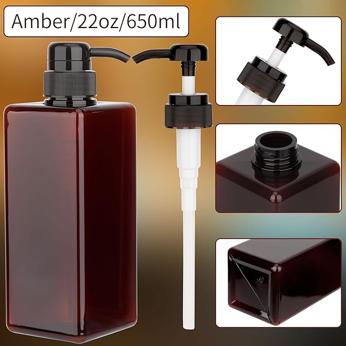 Pump Bottle Dispenser 22oz/650ml Jansburg 2Pack Refillable Square Plastic Lotion Dispenser Empty Lotion Pump Bottle for Essential Oil Lotion, Shampoo, Bathroom Travel Amber