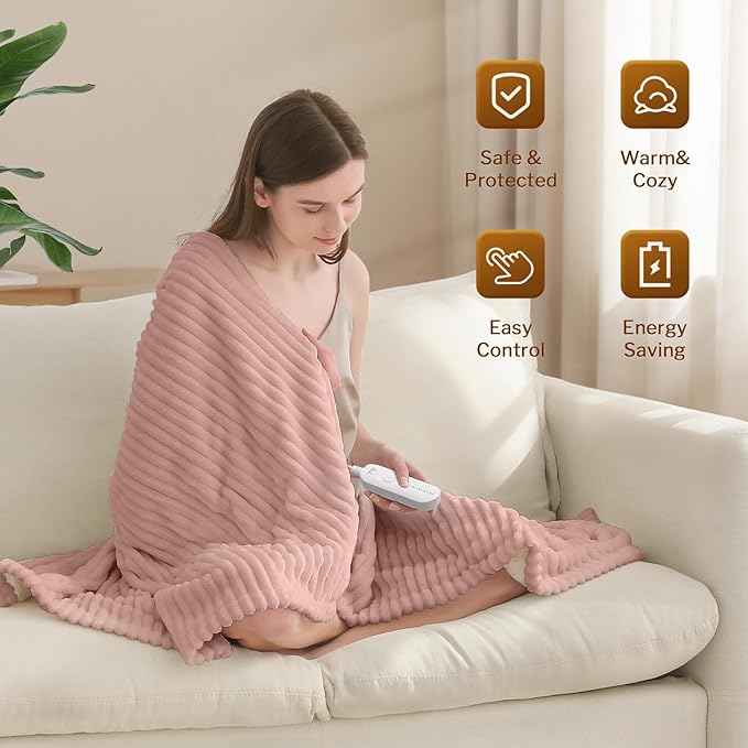 Reaks Electric Heated Throw Blanket, Silky Soft Flannel & Sherpa Heating Blanket Throw with 5 Heat Levels & 3 Hours Auto Off, Warm Gifts for Women Mom Grandma, ETL Certified (50x60 inches, Pink)