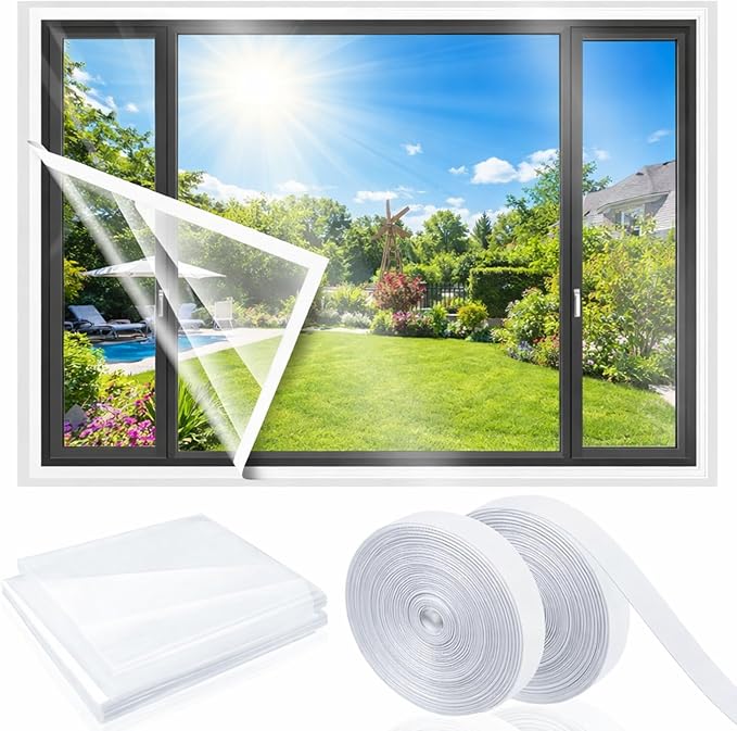 47 x 63 Inch Adjustable Window Insulation Kit for Summer Heat Cuttable Window Plastic Keep Warm in Winter Cool in Summer Transparent Film with Adhesive Straps Reusable Winterizing Cover