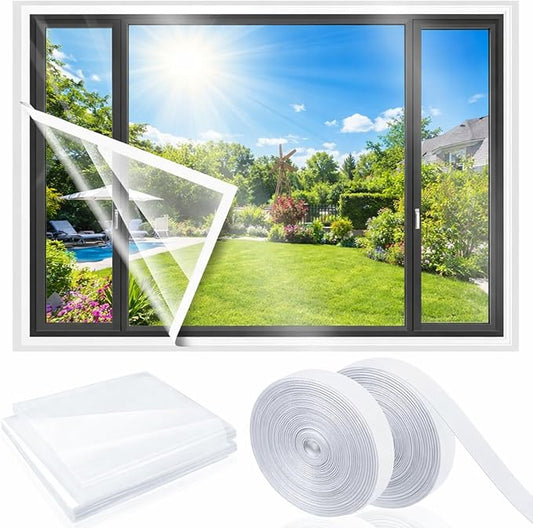 47 x 63 Inch Adjustable Window Insulation Kit for Summer Heat Cuttable Window Plastic Keep Warm in Winter Cool in Summer Transparent Film with Adhesive Straps Reusable Winterizing Cover