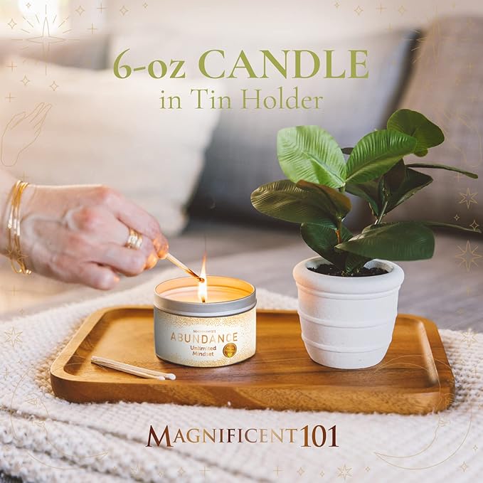 MAGNIFICENT 101 Abundance Manifestation Smudge Candle - 6 Oz Soy Wax - 35-Hour Burn - Infused with Lemon, Rosemary & Sandalwood - Money Candle for Energy Cleansing
