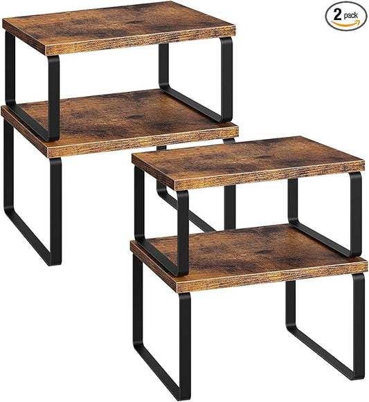 HOOBRO Cabinet Organizer Shelf Set of 4, Kitchen Counter Organizer, Kitchen Storage, Spice Rack, Nest, Stackable, Side-by-Side & L-Shape for Cabinet, Kitchen, Rustic Brown and Black BF33TLP201