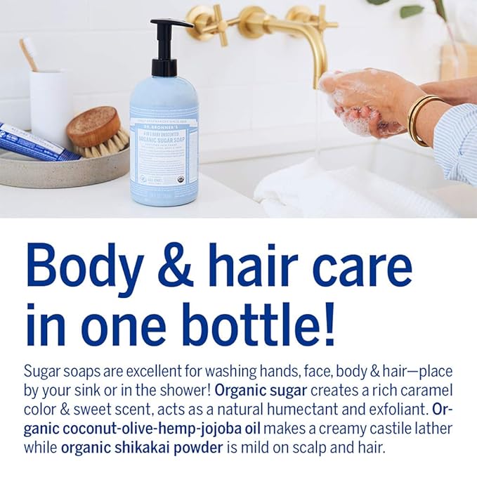 Dr. Bronner's Organic Sugar Soap (Baby Unscented, 24 Ounce) - Made with Regenerative Certified Organic Oils, Sugar & Shikakai Powder, 4-in-1 Use: Hands, Body, Face and Hair- Liquid Soap, Nourishes