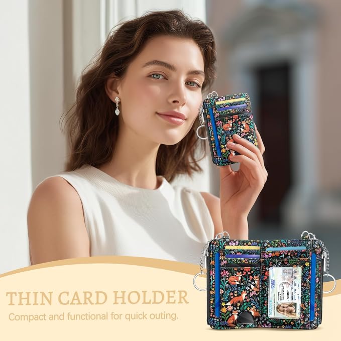 Kelvoris Credit Card Holder Small Wallet Women, Slim RFID, Fox Flowers | Keychain, Zipper Coin Pocket, Front Pocket Thin Travel Card Case, Minimalist, 6 Card Slots, 1 ID Window, Ladies Gifts Woman