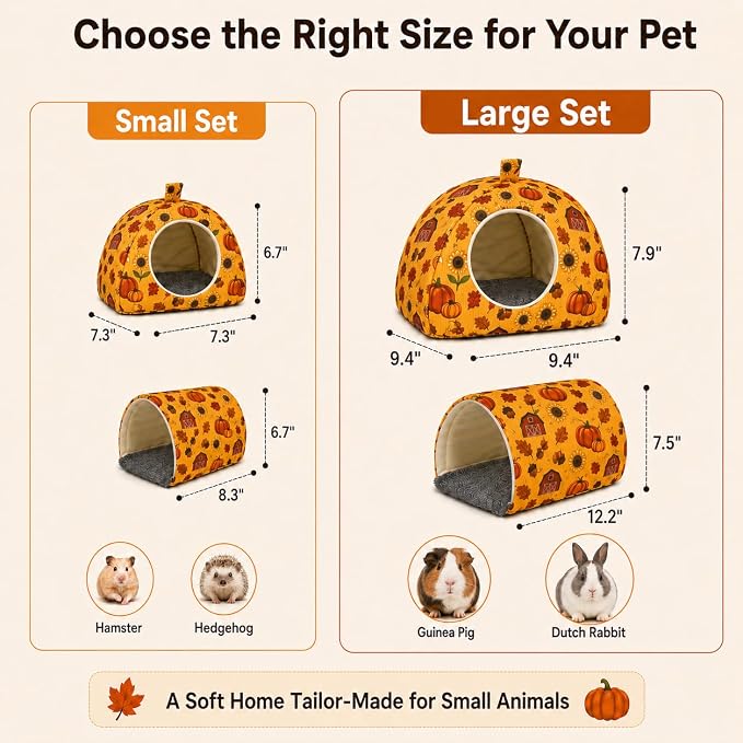 Hamster Hideout Tunnel Set, 2 Pack Washable Small Animal Bed with Removable Cushion, Cozy Play Tunnel Cage Accessories for Hamsters, Hedgehogs, Mice, Rats, Gerbils, Orange Pumpkin