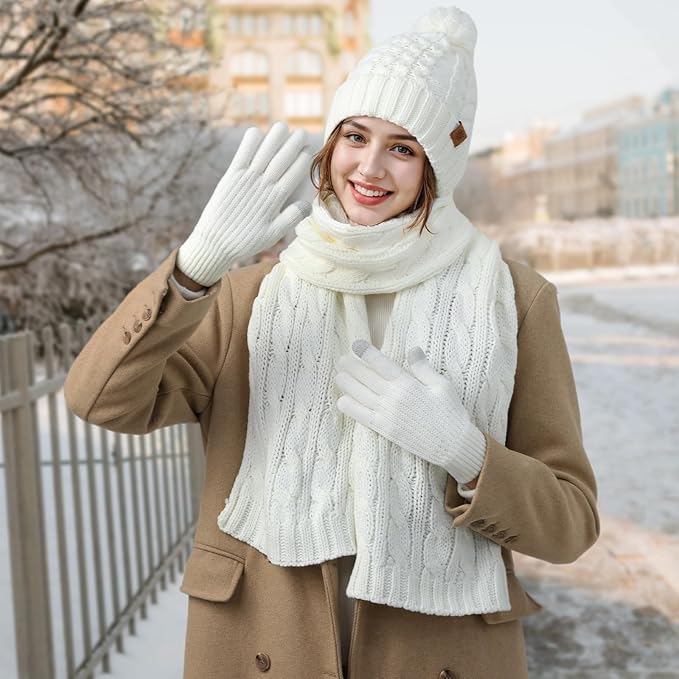 Tavaleu Womens Winter Beanie Hat Scarf Gloves Set, Pom Pom Beanie Warm Knit Scarf Touchscreen Gloves for Cold Weather