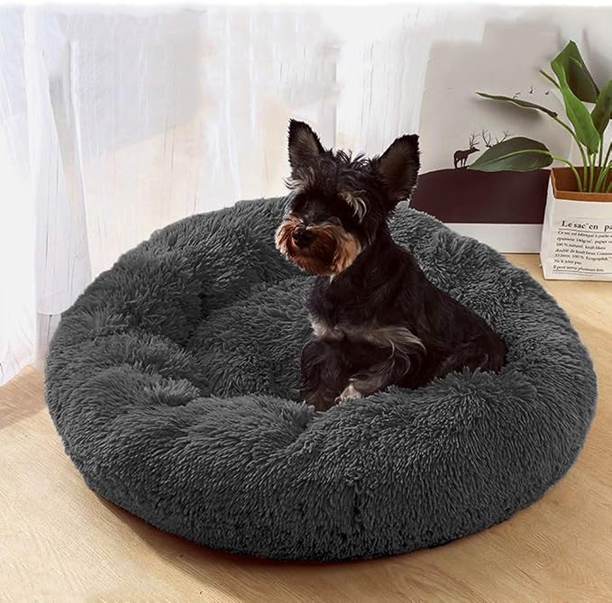 Plush Calming Donut Dog Bed for Small to Medium Dogs, 28 Inch Round Pet Bed | Soft Faux Fur Puppy Bed with Raised Rim for Curling and Head Support; Washable Round Pet Bed for Small to Medium Dogs or Cats