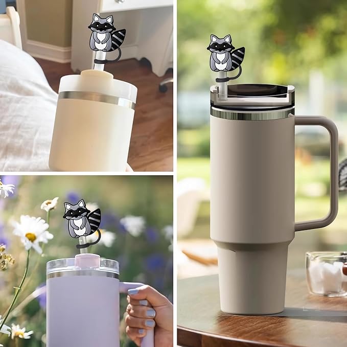 Animal Straw Toppers For Stanley Cups;Straw Covers Cap Toppers Compatible With Stanley 30&40 Oz Tumbler, Reusable & Silicone Tumbler Straws Topper For 0.4 Inch Tips Animal Lover Gifts (Grey Raccoon)