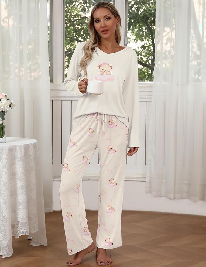 Ekouaer Womens 2 Pack Pajama Set Long Sleeve Pajamas Top and Pants V Neck Pjs Set Soft Loungewear with Pockets