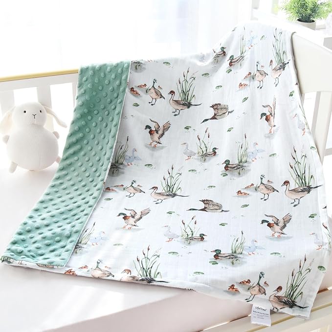 LifeTree Baby Blankets for Newborn, Soft & Lightweight Swaddle Blankets, Muslin Front and Dotted Fleece Backing Receiving Bed Blanket, 31X40 Inches, Baby Girl & Boy Blanket, Duck and Green