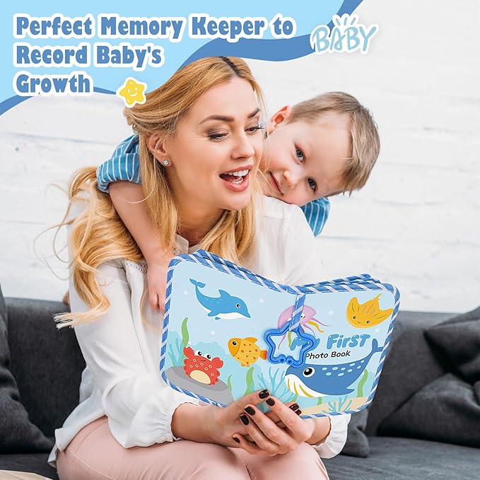 Lanpn My First Baby Photo Album Holds 17 4x6 Photos, Soft Cloth Family Book with Name Card Name Tag Stickers, Fabric Kid Memory Keepsake Gift for 4x6 Baby Shower Kids Newborn Toddlers Boy Girl (Ocean)