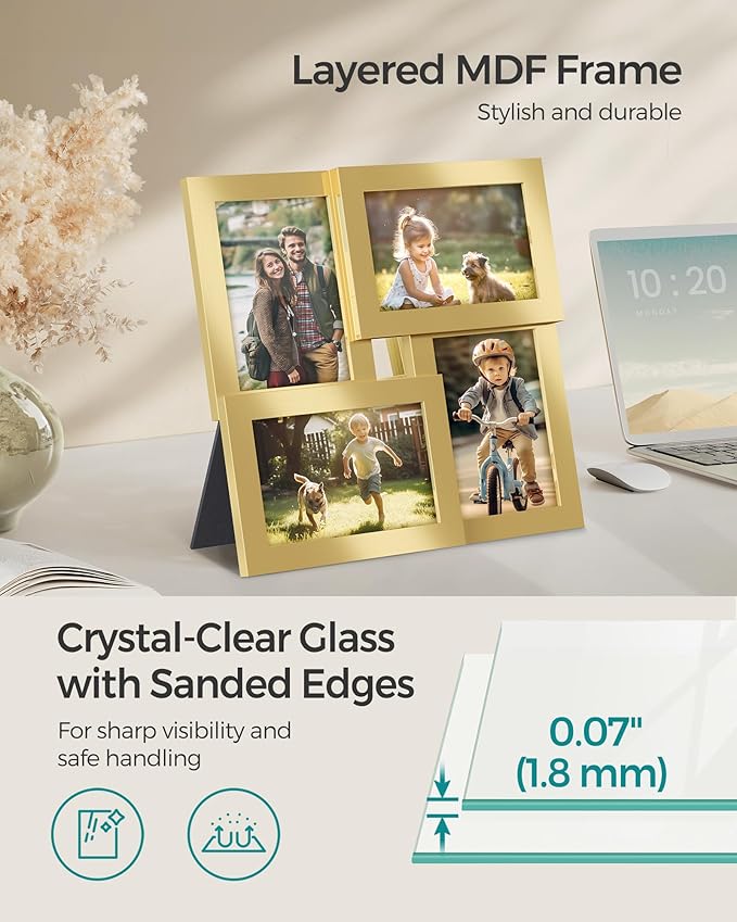 SONGMICS 4x6 Collage Picture Frames, Family Photo Collage Frame Set of 4 for Wall Decor, Glass Front, Wall Hanging or Tabletop,Christmas Gift, Pale Gold URPF025A01