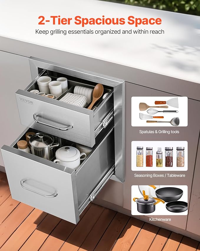 VEVOR Outdoor Kitchen Drawers 13" W x 20.5" H x 21" D, Flush Mount Double BBQ Access Drawers with Stainless Steel Handle, BBQ Island for Outdoor Kitchens or Patio Grill Station