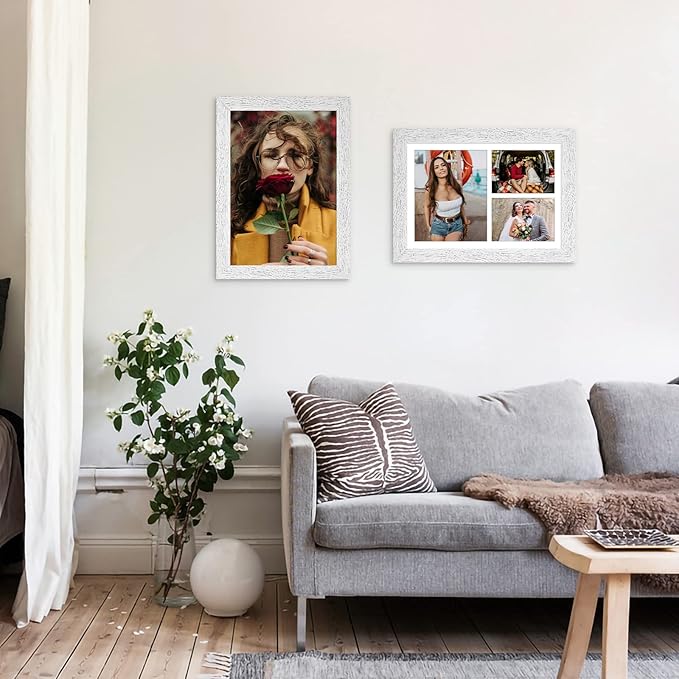 11x16 Picture Frame Display 3 opening Picture Frame 5x7 and 8x10 Collage,Multi Photo Frame with Mat,Plexiglass,Horizontal and Vertical Formats for Wall Decor,Distressed White Wood Grain