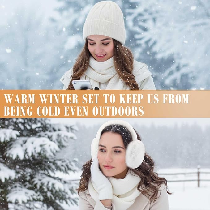 Geyoga 6 Pcs Winter Knit Set Beanie Hat Long Scarf Touchscreen Gloves Ear Muff Socks Warm Valentine Gift for Women Men Snow(White,Classic Style)