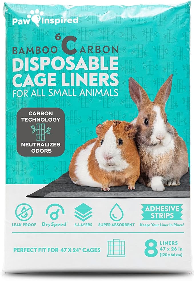 Paw Inspired Disposable Cage Liners, 47x26 Inch (Midwest), 8 Count | Bamboo Charcoal Odor Controlling, Super Absorbent Pads For Guinea Pigs, Ferrets, Rabbits, Hamsters, Small Animals