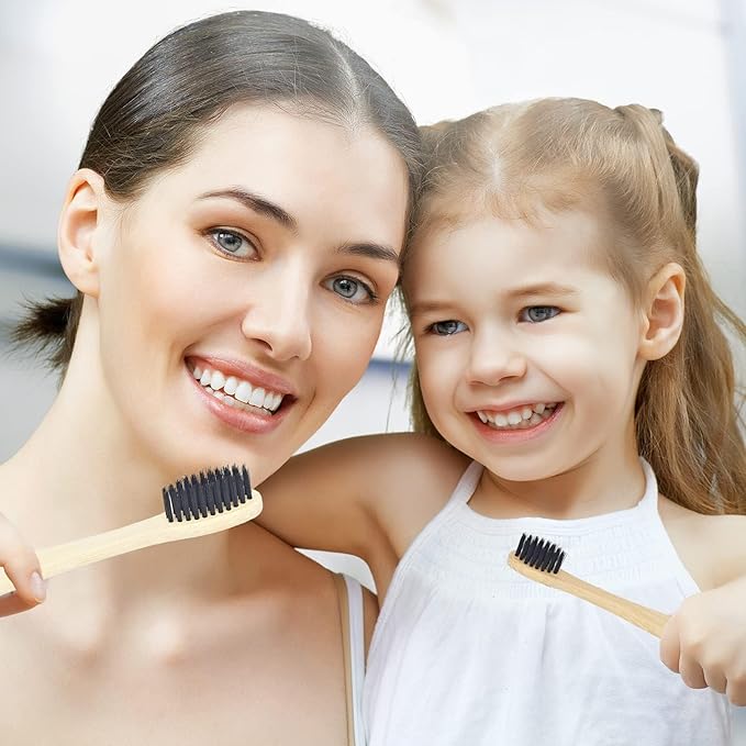 SEVENHEAD Bamboo Toothbrushes Adults & Kids Family Set 6+4 PCS Soft Bristles Wooden Toothbrushes, Natural Biodegradable BPA Free Eco Friendly Toothbrushes Black