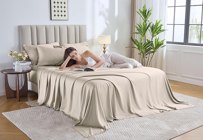 Pure Bamboo Twin XL Sheets, Genuine 100% Organic Viscose Derived from Bamboo Bed Sheet Set, Luxuriously Soft & Cooling, Double Stitching, Lifetime Quality Promise (Twin XL, Creme)