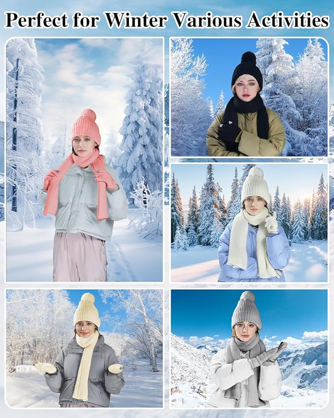 Winter Beanie Hat Scarf Gloves Set for Women, Fleece Knit Pompom Beanie Neck Warmer Long Scarf Touchscreen Gloves 3 in 1 Set