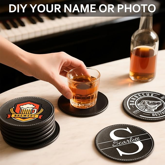 Custom Personalized Leather Coasters - Set of 6 | DIY Name, Photo, or Logo Coasters for Coffee Table, Bar, Beer, Wine | Ideal Housewarming Gift,Brown