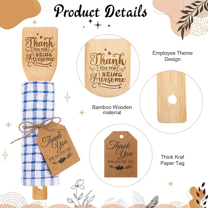Honeydak 24 Employee Appreciation Gifts Set Thank You Employee Kitchen Utensils Bamboo Spoon Flat Spatula Kitchen Towel Thank You Tag for Team Staff Colleague Coworker Farewell Gift