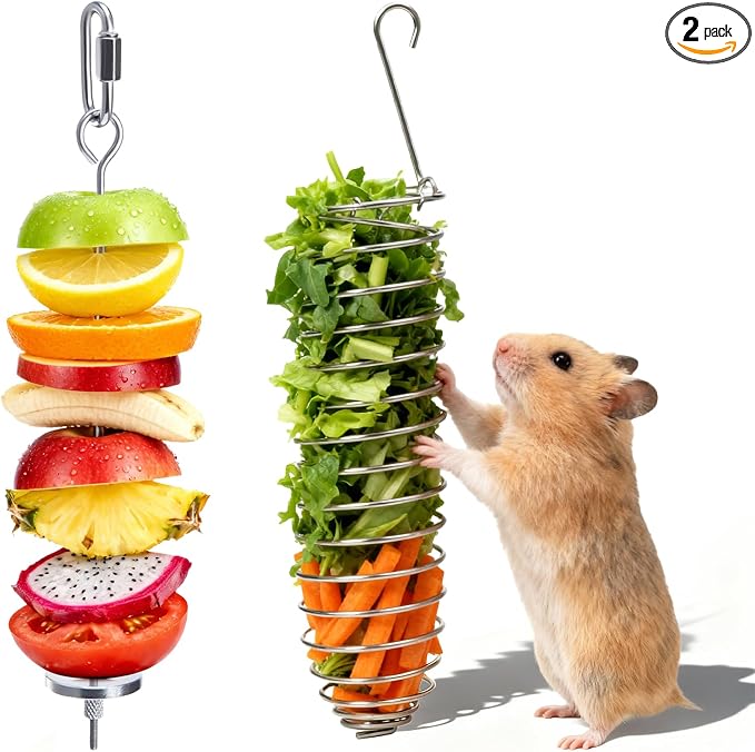 2Pcs Rat Enrichment Toys, 304 Stainless Steel Foraging Toy, Fruit & Vegetable Holder for Mice, Hanging Rodent Cage Accessories, Slow Feeder Puzzle Toy & Parakeet Foraging Tool